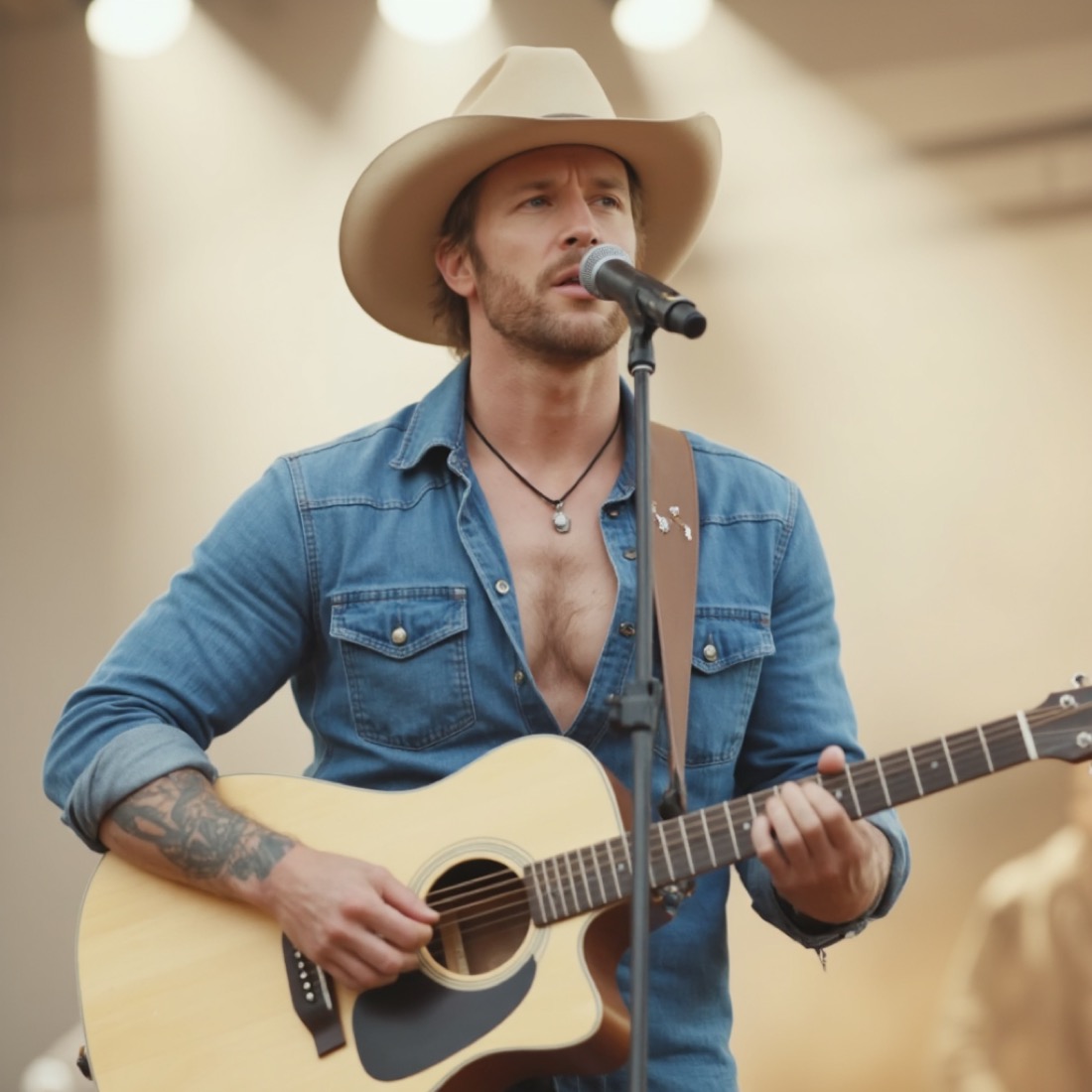 Way Stone performing live — cowboy hat, denim shirt, singing with an acoustic guitar at the mic